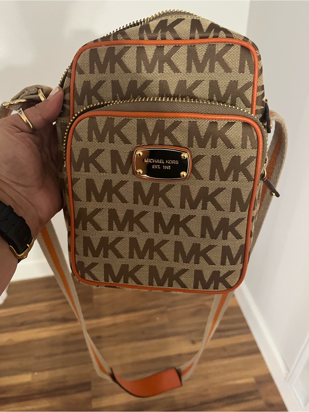 Michael Kors Brown Monogram Crossbody with Orange Trim